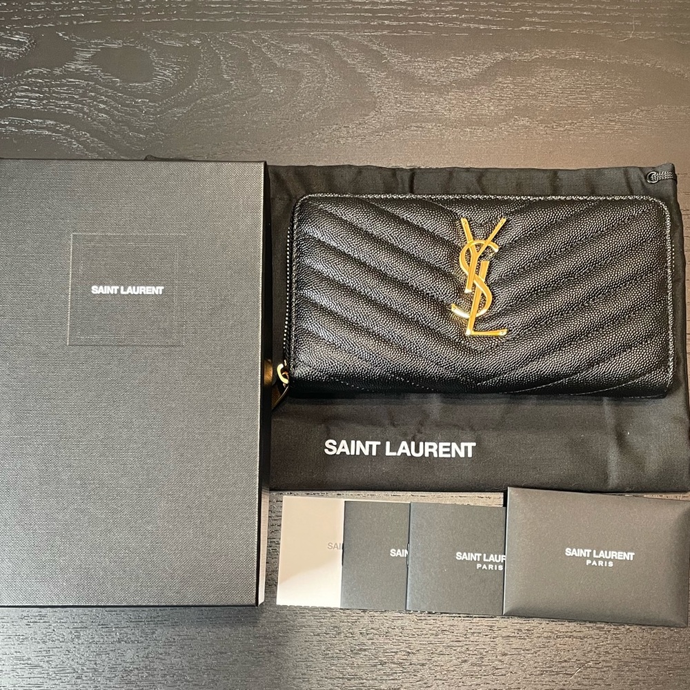 Monogram Matelasse Leather Zip Around YSL Wallet- Saint Laurent Black Wallet
